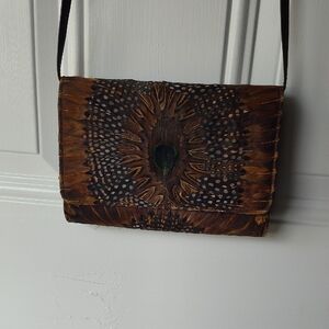 Vintage Comeco Genuine Peacock Feather Crossbody Bag